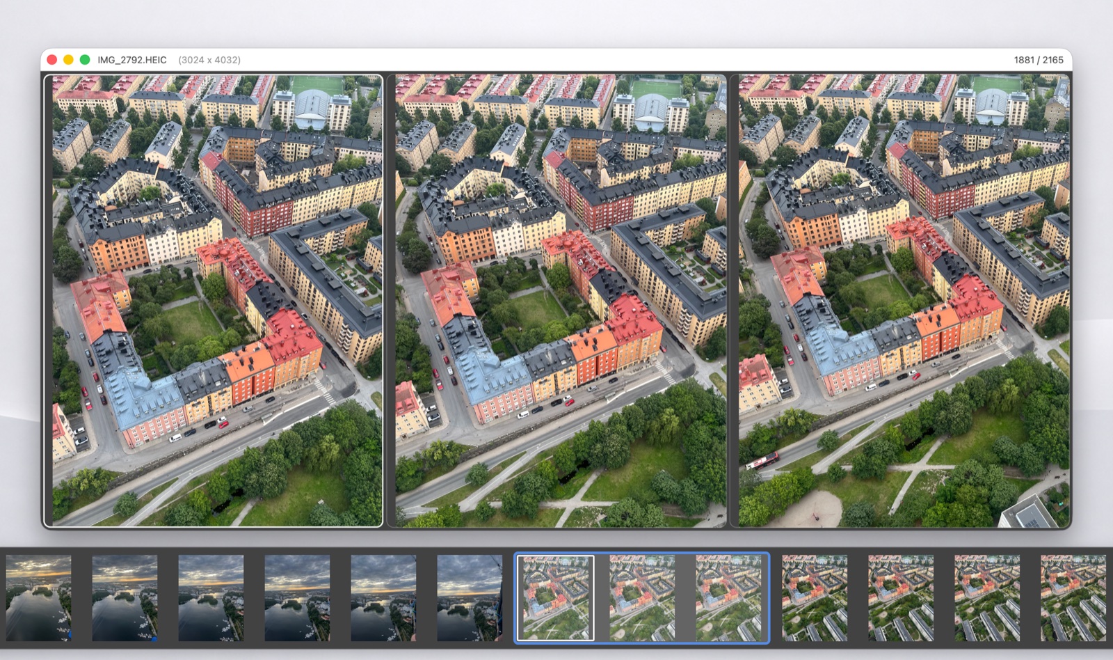 Compare Grid showing three near-identical aerial shots side by side, with the grid's images outlined in the thumbnail strip