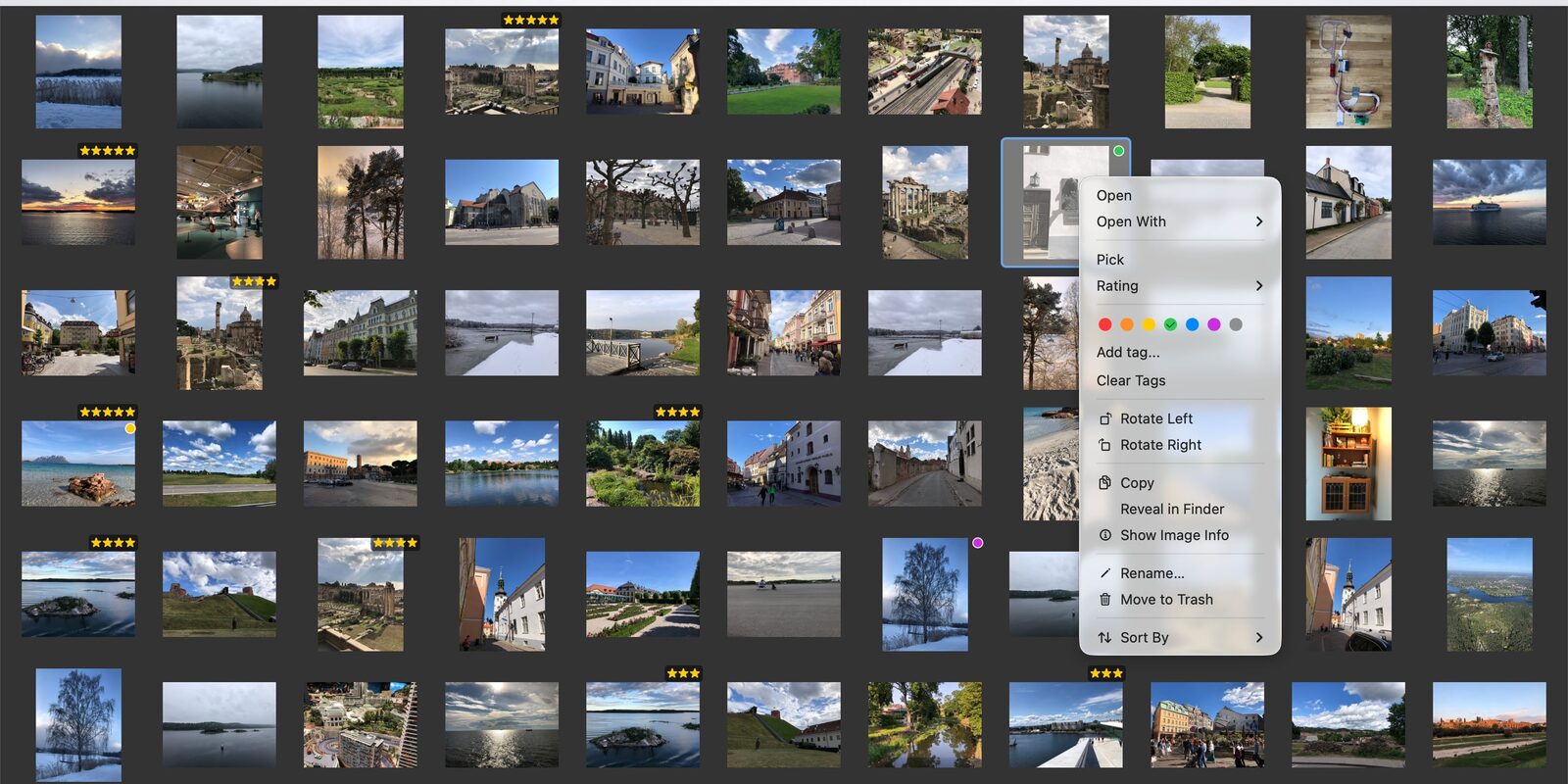 Gallery view in Just Look! for Mac showing a grid of travel photos with star ratings and tag colors, and a right-click menu with Open, Pick, Rating, tags, Rotate, Rename, and Move to Trash