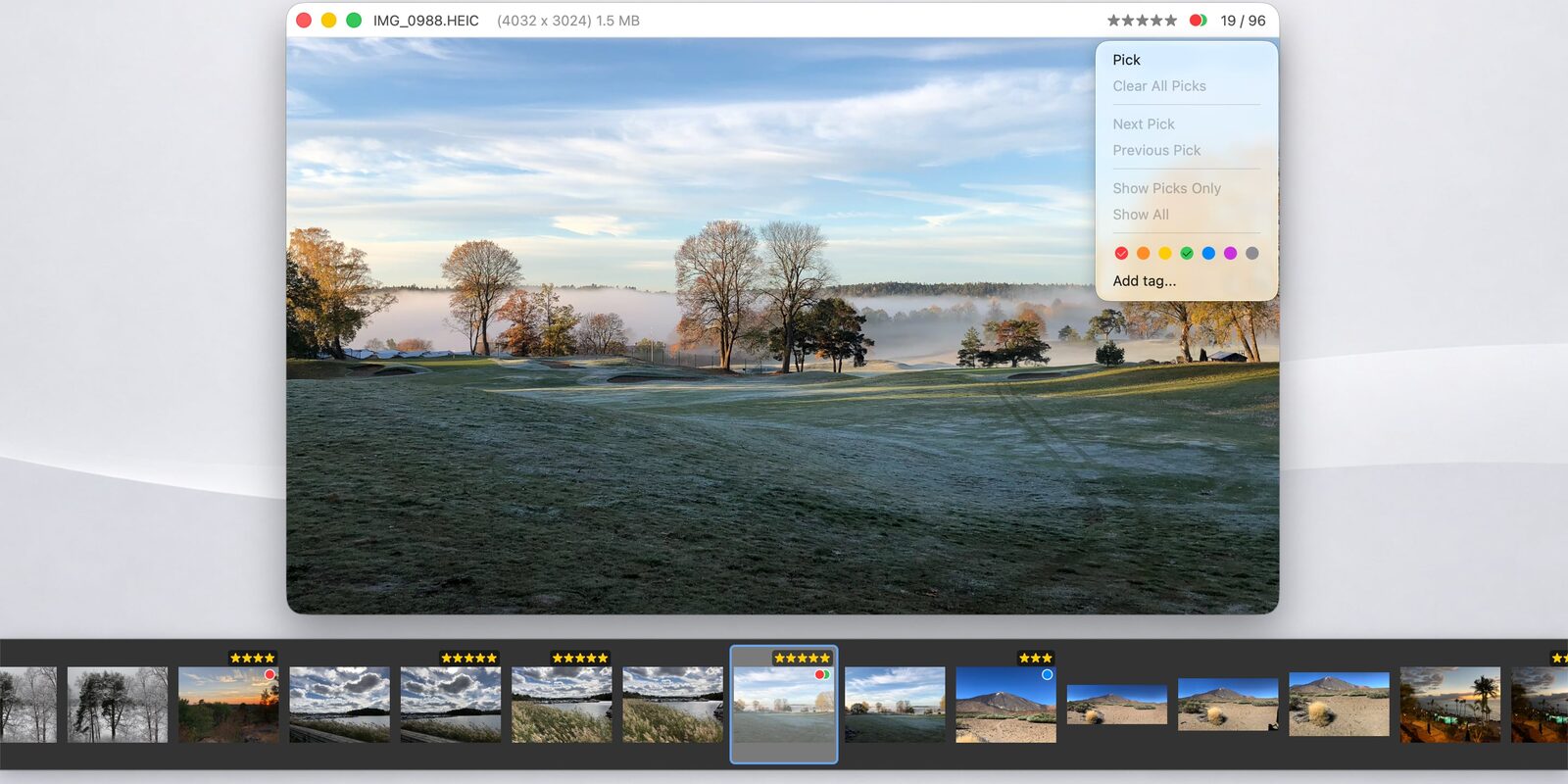 Just Look! on a Mac showing a frosty landscape with five stars and a color tag in the title bar, the Picks menu open, and ratings on the thumbnails below
